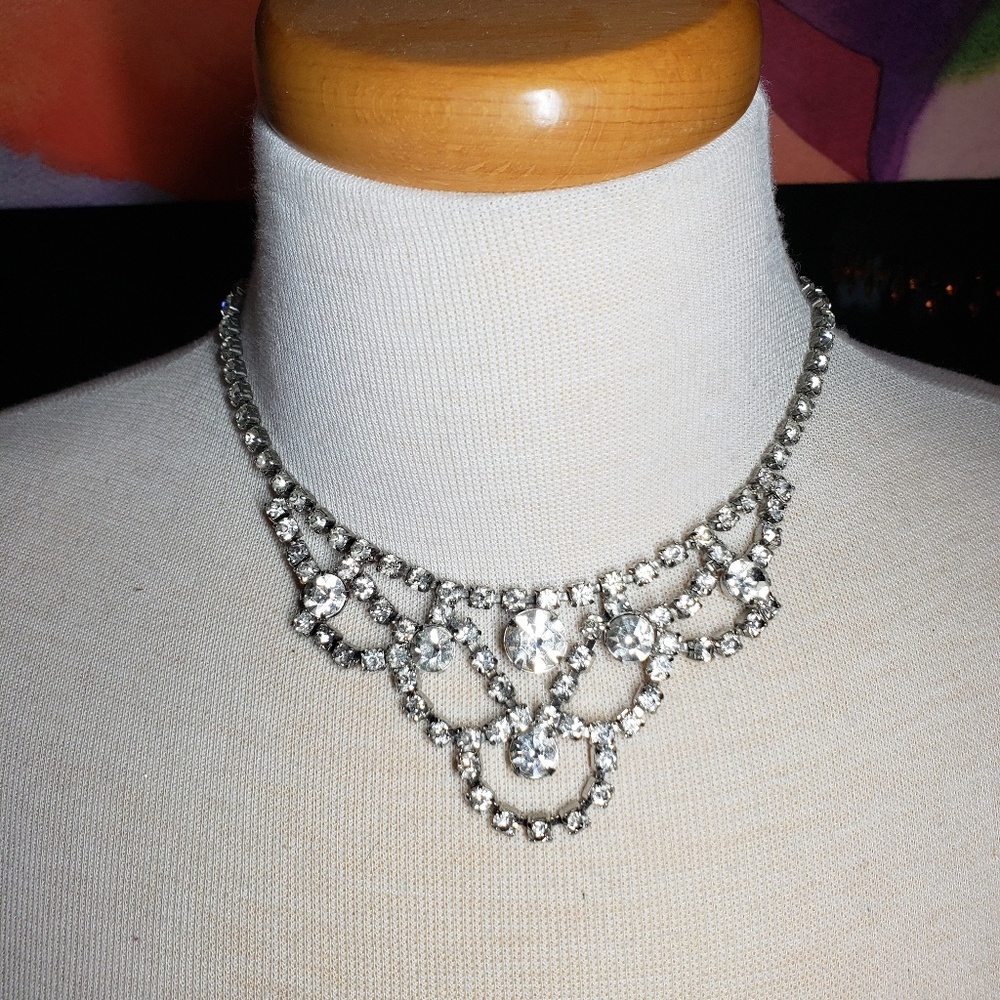 Vintage Rhinestone Necklace Three 3 tier Multi siz